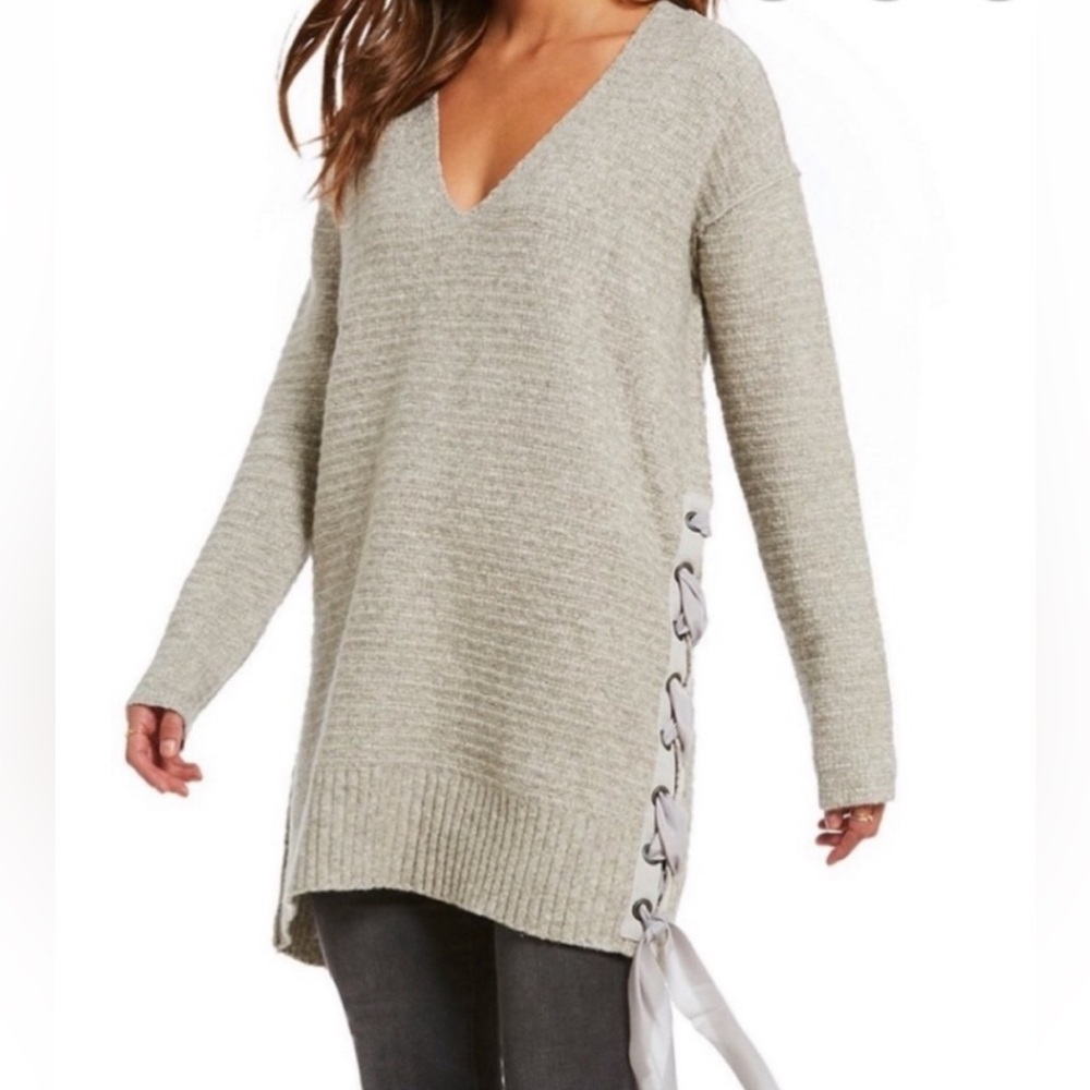 Free People V neck tunic sweater tie side, medium